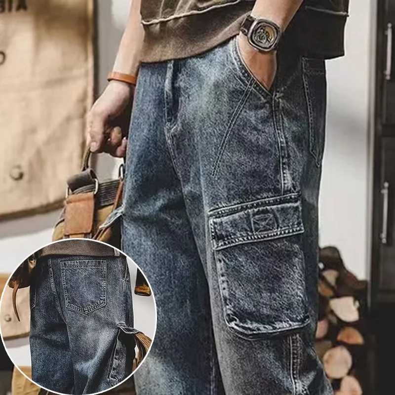 Mens Fashion Multi Pockets Design Cargo Trousers American Vintage Wide Leg Denim Pants Trend Cool Style Streetwear Jeans MaleZ250917