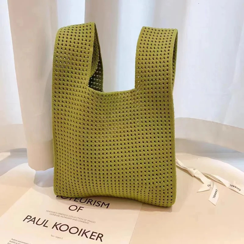 Handmade Knit Handbag Women Mini Knot Wristbag Female Casual Color Wide Stripe Plaid Tote Bag Student Reusable Shopping 250917