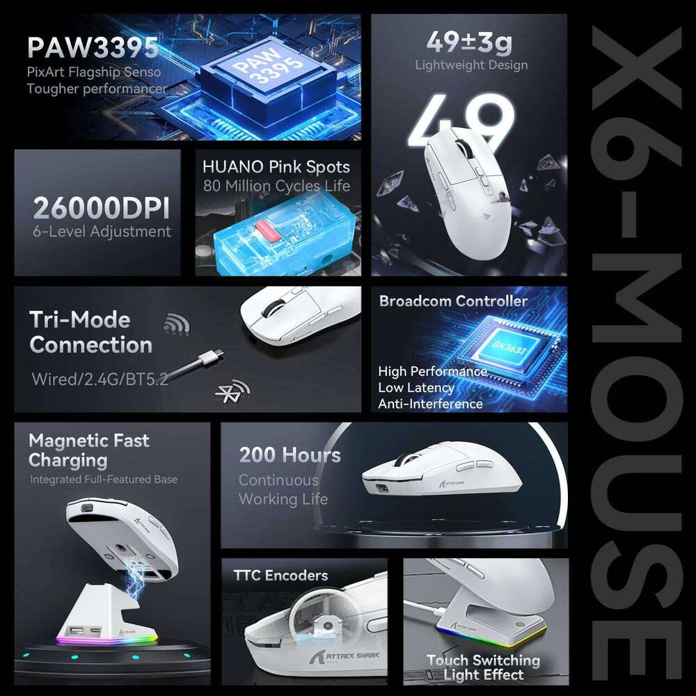 Attack Shark X11/X6/X2/X2pro Gaming Mouse Magnetic RGB Paw3395 Bluetooth Tri-Mode Connection Gamer Wireless Mouse,Dpi Adjustable