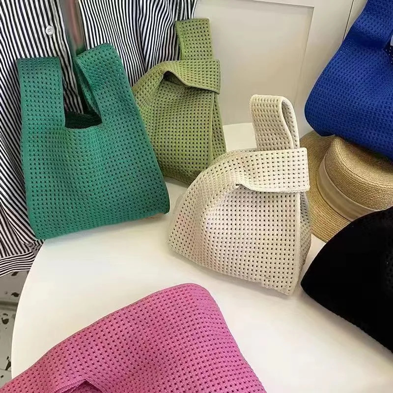 Handmade Knit Handbag Women Mini Knot Wristbag Female Casual Color Wide Stripe Plaid Tote Bag Student Reusable Shopping 250917
