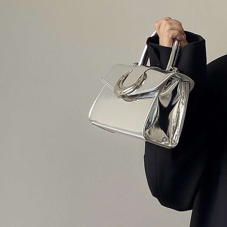 2025 New High-End Designer Bag - Women's Silver Square Patent Leather Handbag with Moon Lock, Chain Shoulder & Crossbody Style