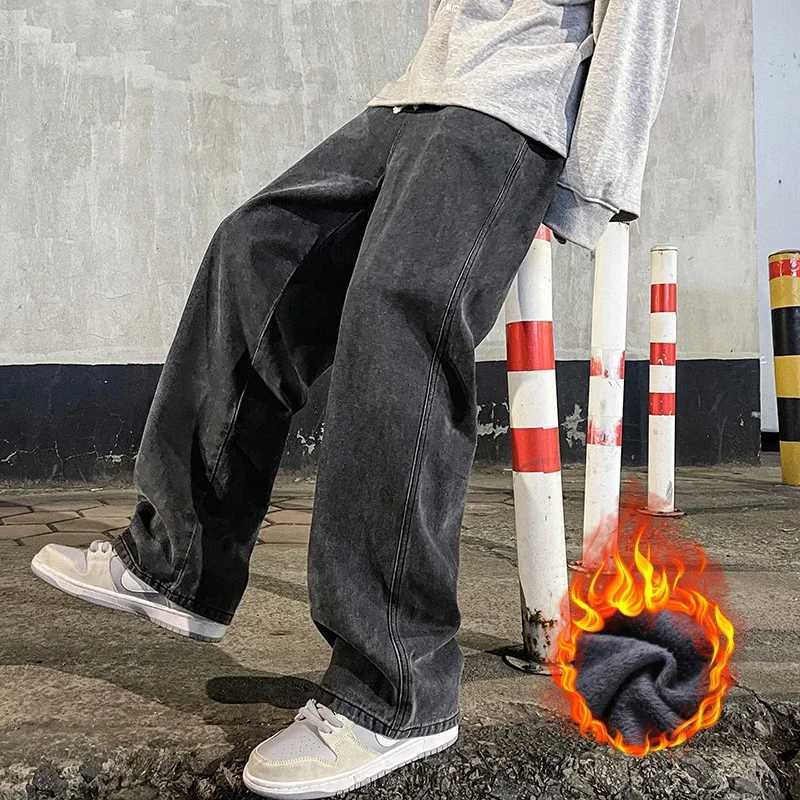 Winter Mens Velvet Wool Jeans Korean Style Street Loose Straight Wideleg Pants Fashionable Warm Fleece Thickened Pants S3XLZ250917