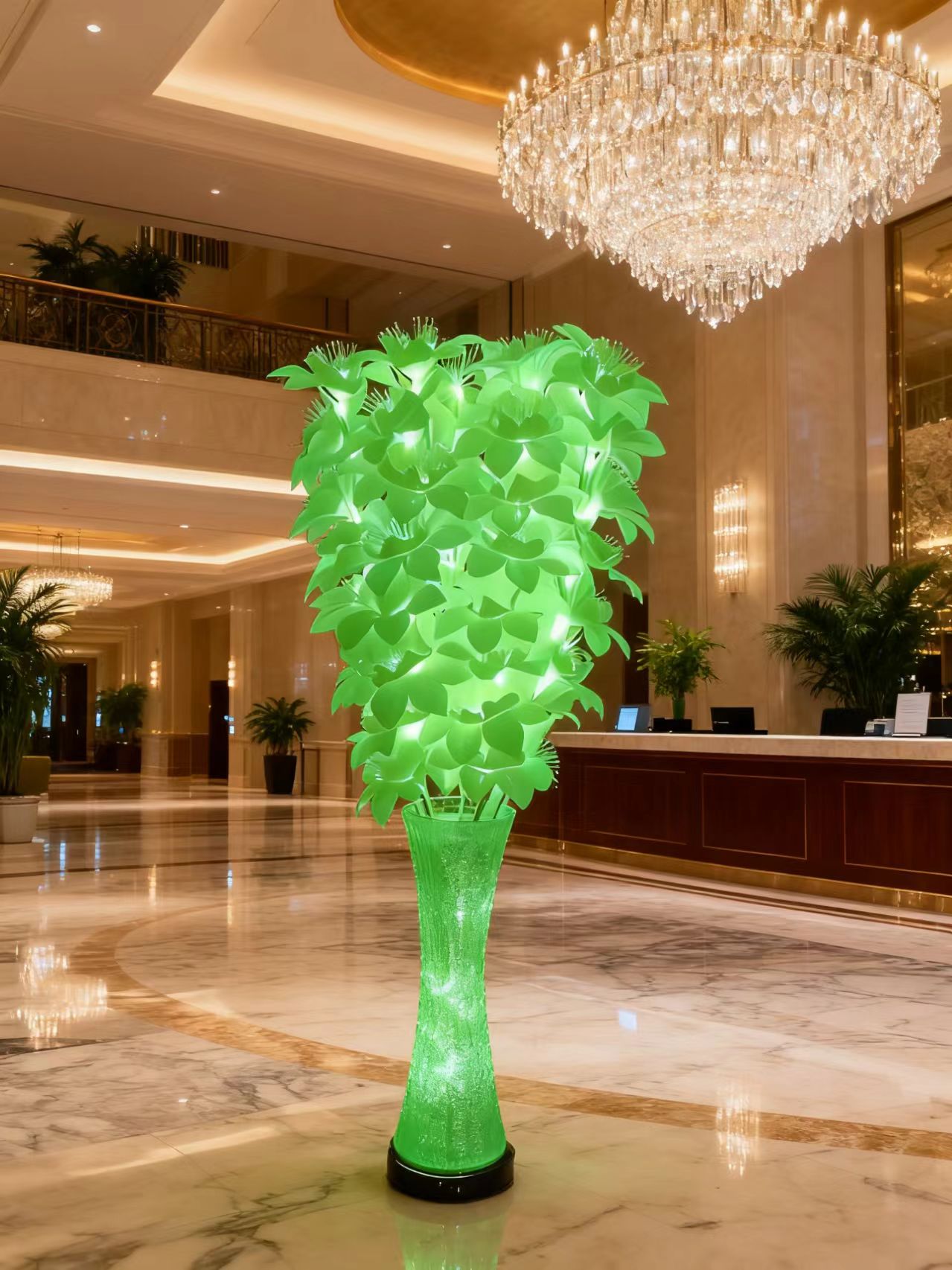 Elegant Crystalline Vessel Holding a Glimmering Optical Fibre Butterfly Bloom