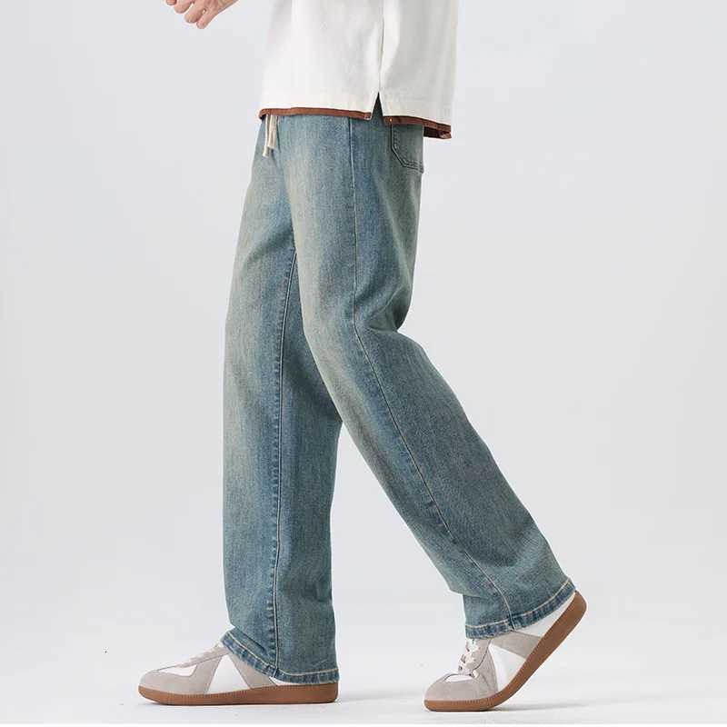 Highend Wash Trend Jeans for Men Fall and Winter Straight Loose Waist Drawstring Casual Pants for MenZ250917