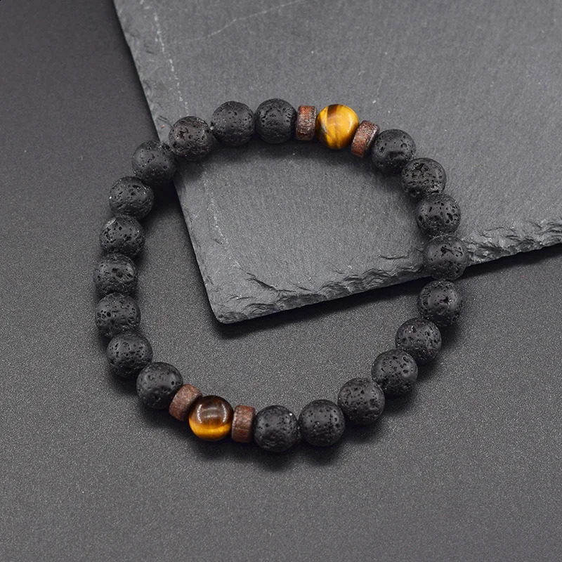 Natural Yellow Tiger Eye Bead Bracelet Men Women Black Volcanic Lava Wristband Tibetan Buddha Elastic Rope Couple Stone Bracelet 250916