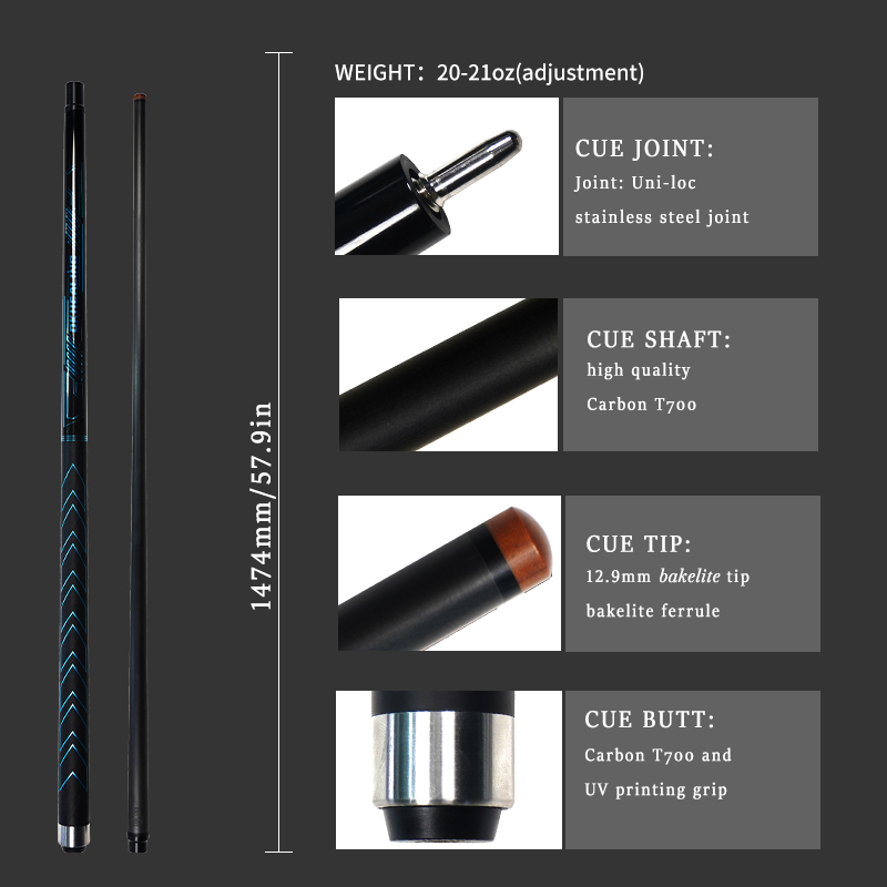 OKHEALING 1/2 Split Carbon Fibre Pool Cue Billiard Cue Stick Tip Diameter 12.9mm Uni-loc Joint Total Length 1474mm/58inch Weight 20Oz Billiard Stick, 