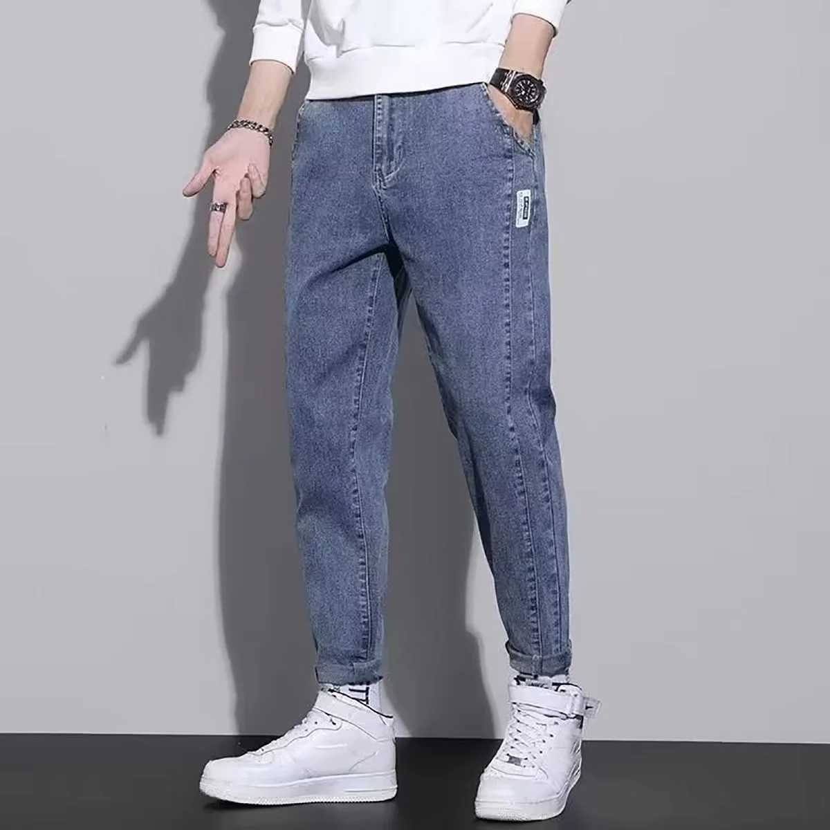 2025 Mens Slim Fit Denim Pants Spring Autumn Casual Fashion Leg Cinching Cropped Pants Blue Black Other Colors Choose FromZ250917