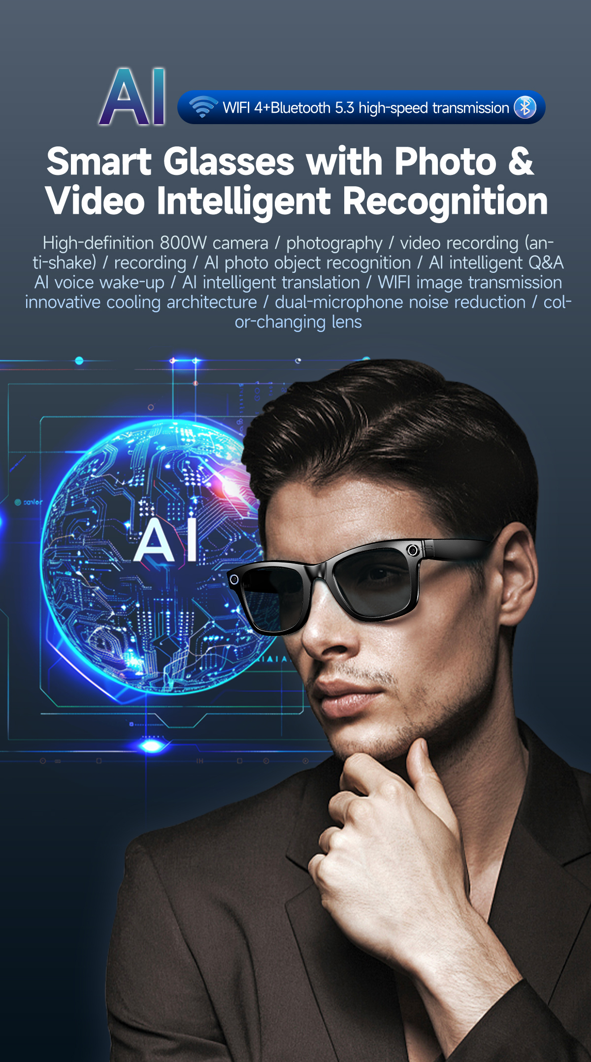 W610 Ai Smart Glasses with 8MP High-Definition Anti-Shake and Dual Noise-Cancellation Sunglasses Featuring a Camera