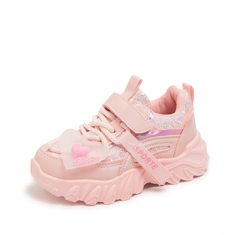 Girls Sports Kids Running Sneakers for School Fashion Cute Shiny Non Slip Children Toddler Casual Shoes With Heart Spring Autumn Sizes 26 - 37 K0270 X