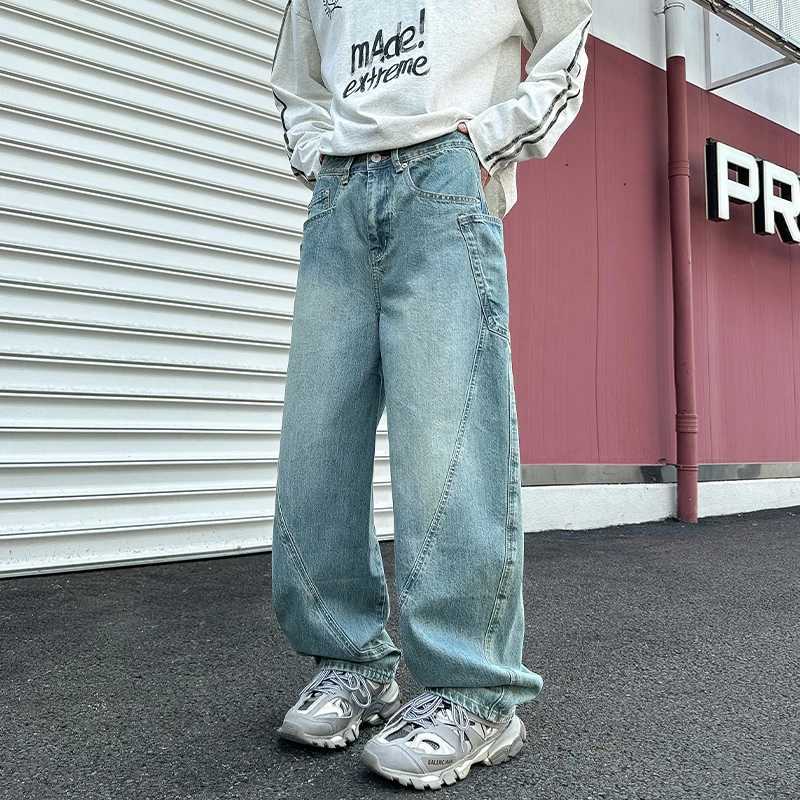 New Washed Jeans Street Trousers Male Denim Pants Solid Color Wide Leg Pant Button Casual Streetwear Hip Hop Oversized versionZ250917
