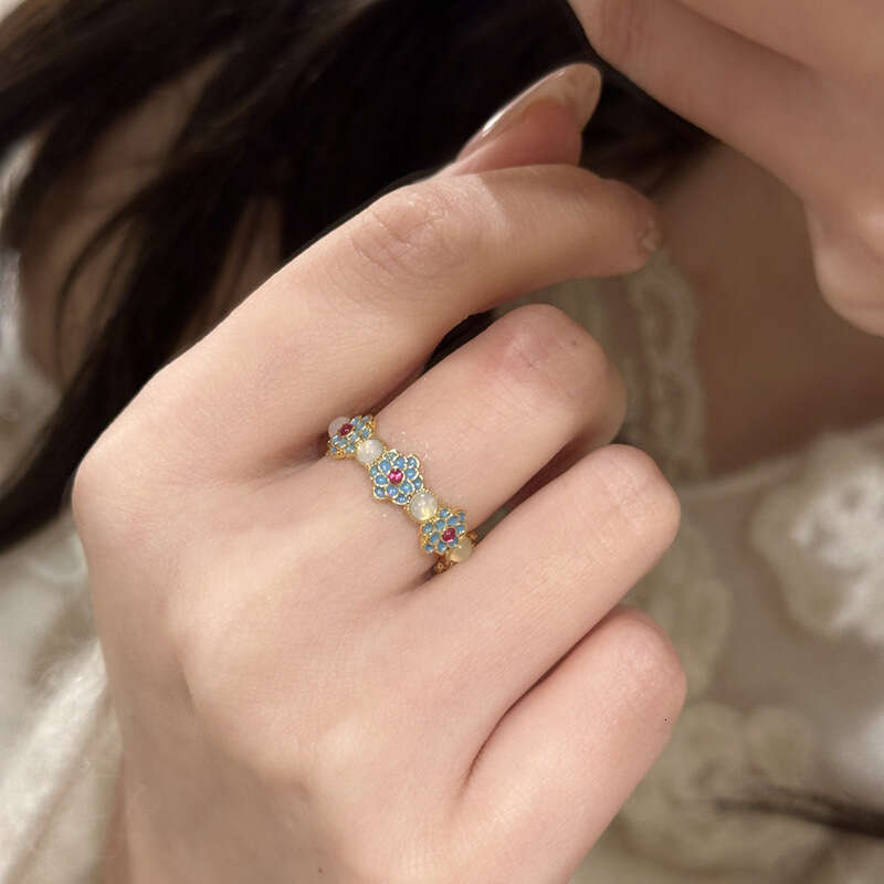 Enamel Chalcedony Blue and White Porcelain 2025 Ancient Method New Chinese Classical Small Flower Ring