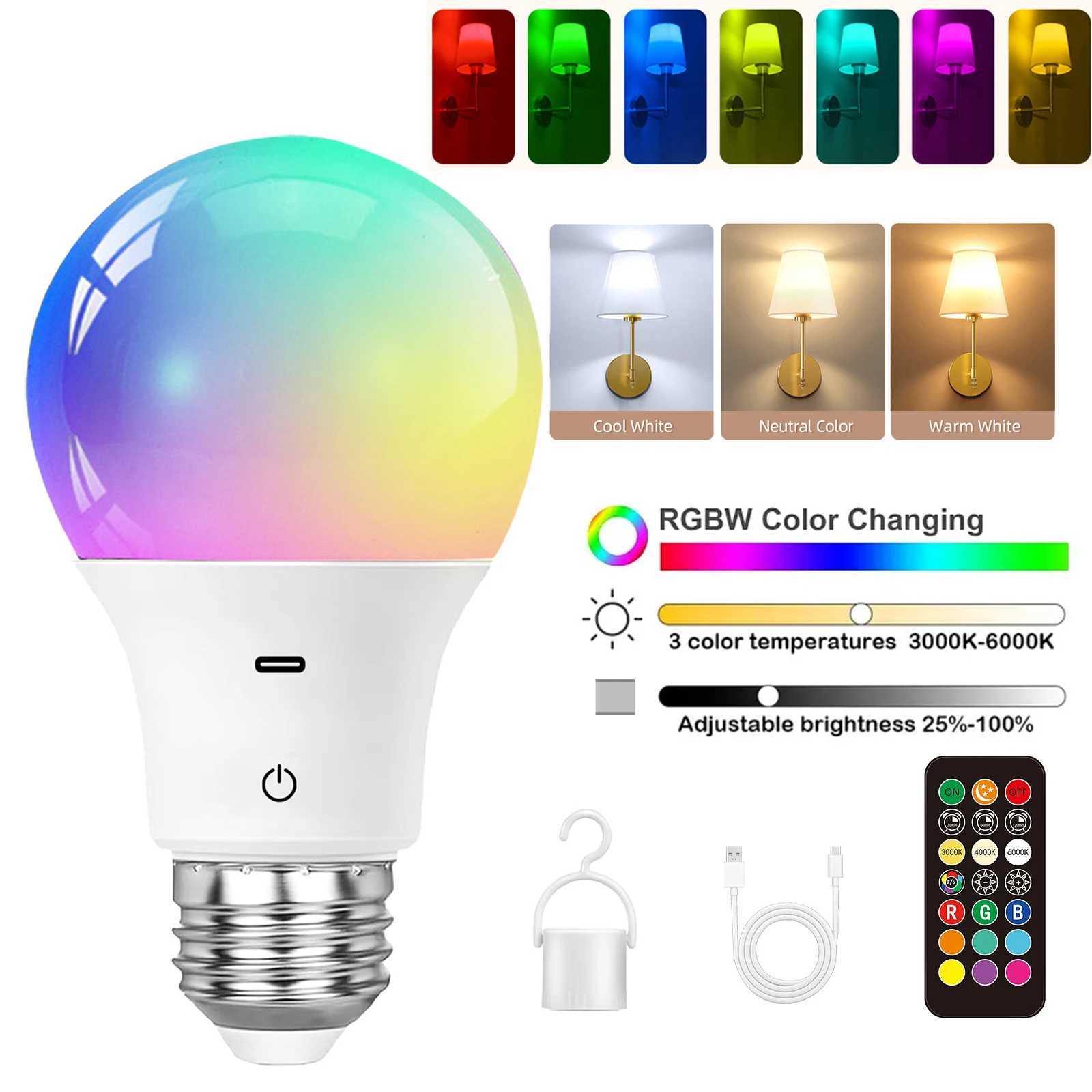 Rechargeable Light Bulb With Remote Control Timing Function Dimming and RGB Battery Powered Suitable for Wireless Wall Light C250917