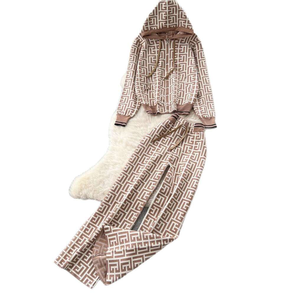 Luxury Design Winter Knitted Two Pieces Suits Women Thick Warm Zipper Hooded+Wide Legs Pants Fashion Geometric Print Sweater Sets High-end