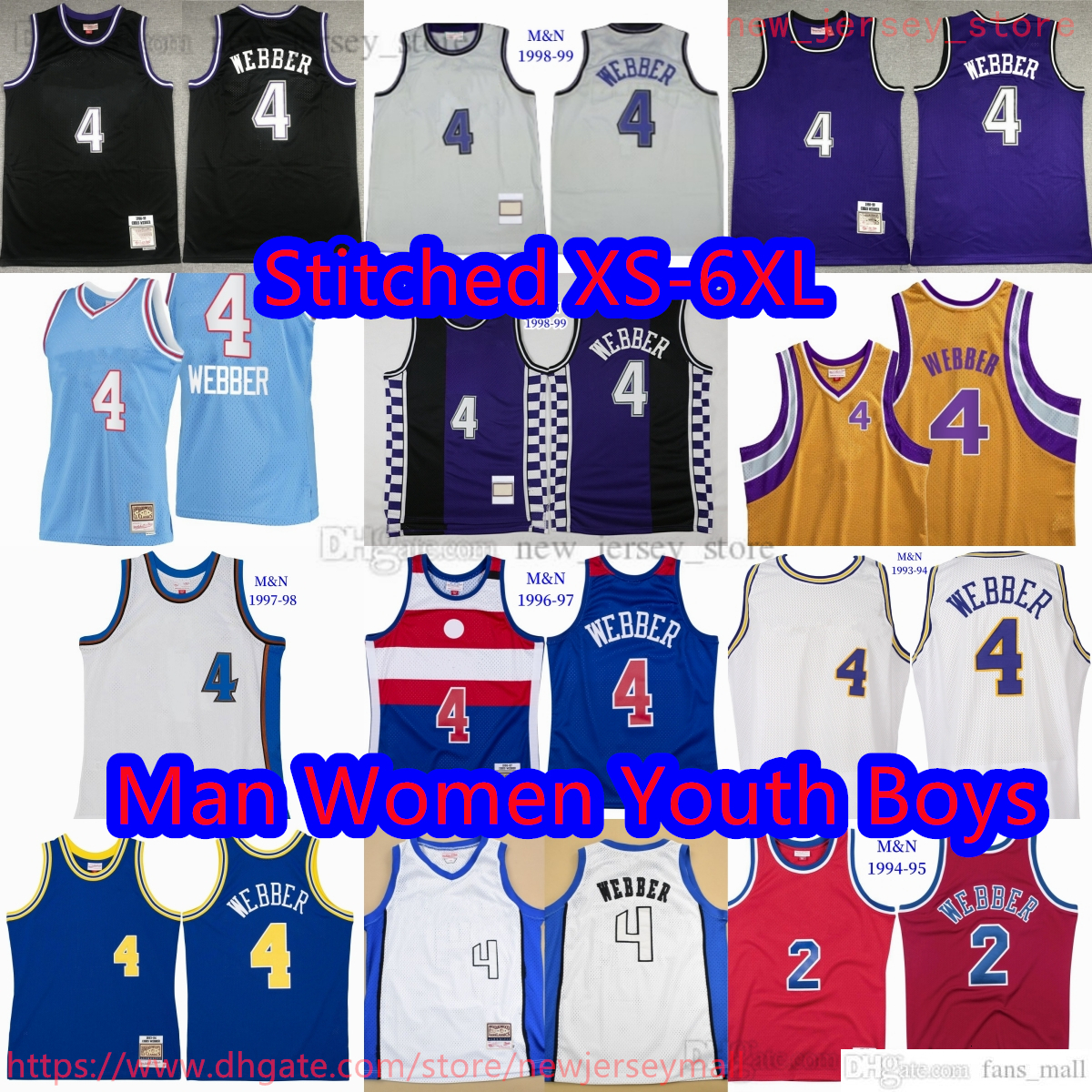 Custom S-6XL Throwback 1993-99 Basketball 4 Chris Webber Jersey Classic Vintage Red Webber Jerseys Black Purple White Breathable Sports Shirt Retro