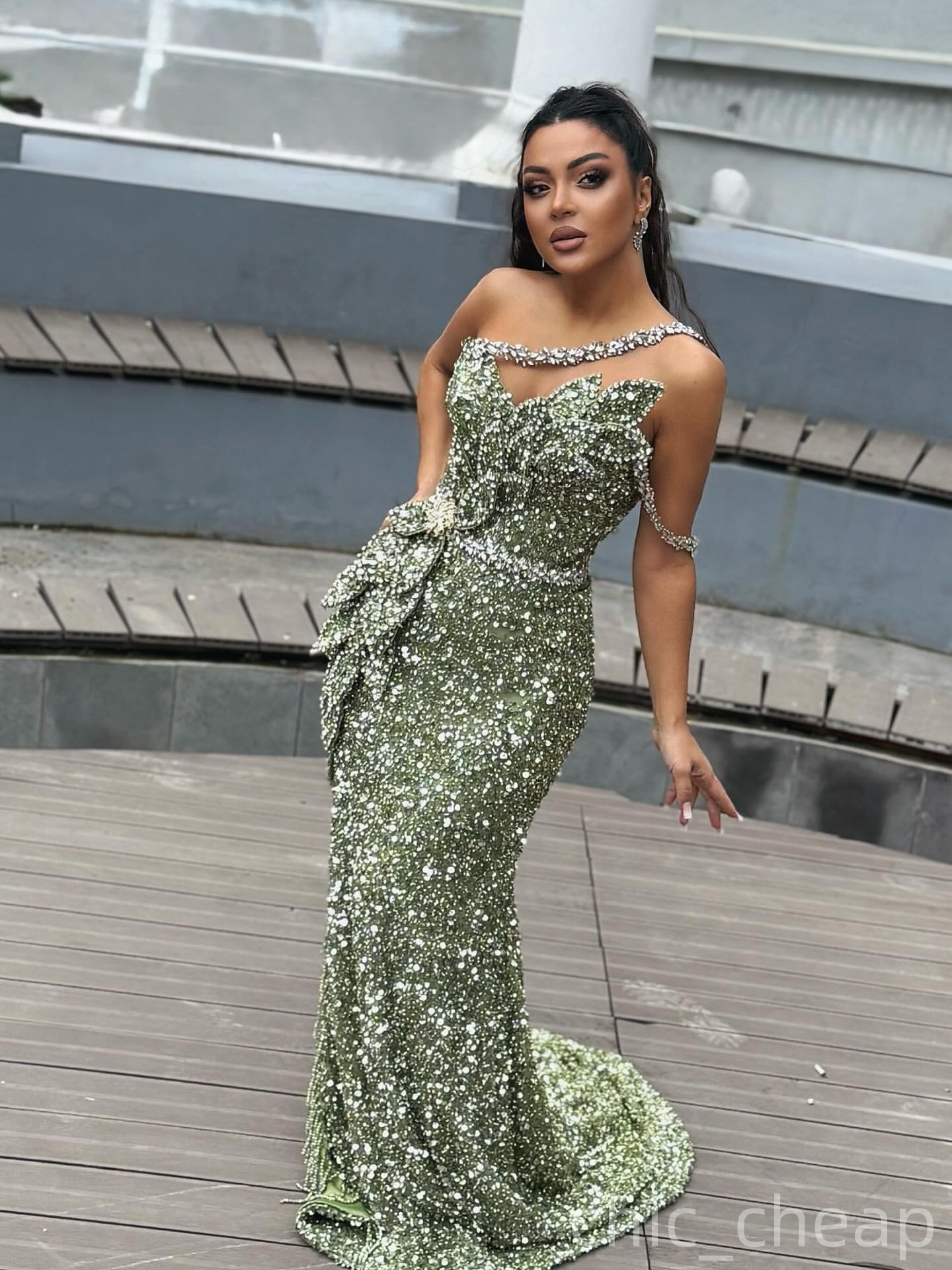 Olive Green Mermaid Prom Dresses 2025 One Shoulder Florals Crystals Evening Formal Party Second Birthday Engagement Gowns Plus Size Dress For Special 