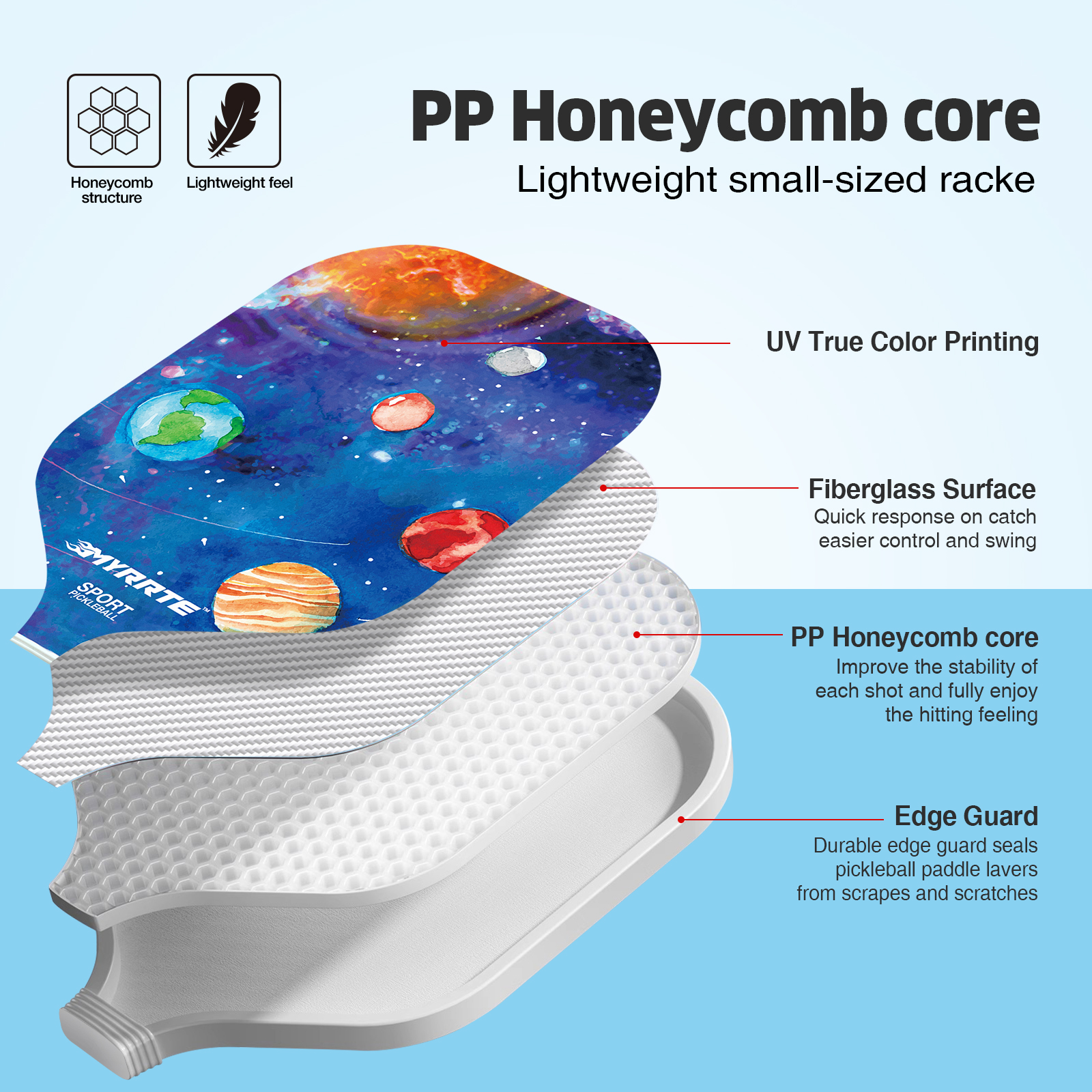 Easy-to-Use Kids Pickleball Paddles Set of 2, Fiberglass Material with Comfortable Grip, reduces Arm Fatigue for Young Players