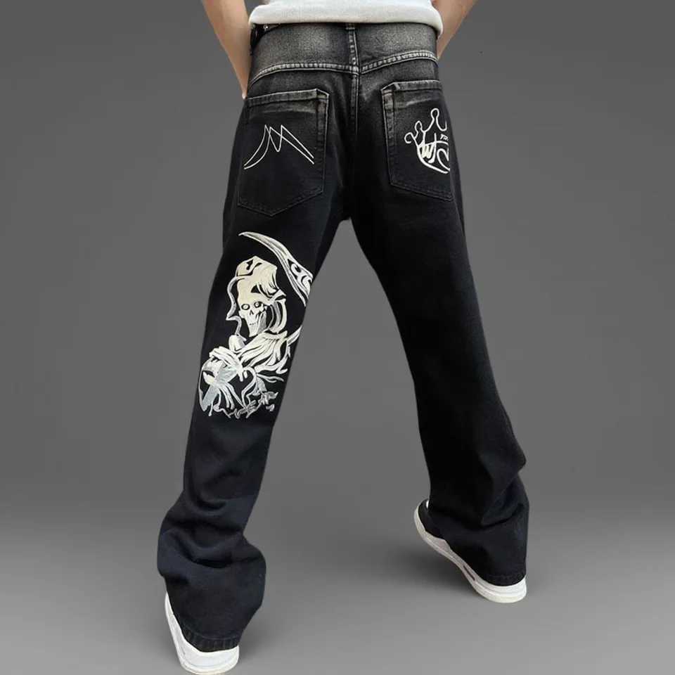 Mens Street Skeleton Pattern Straight Jeans Baggy Pants Loose Wide Leg Mens Casual Denim Clothes Personality HipHop Man PantZ250917