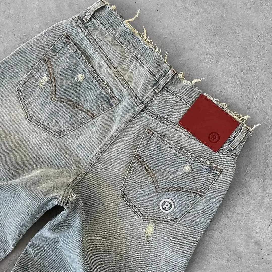 Straight Jeans Distressed Men Jean Ripped Holes Washed Denim Pants Ankle Length Loose Solid Zipper Fly Pockets Casual 2025Z250917