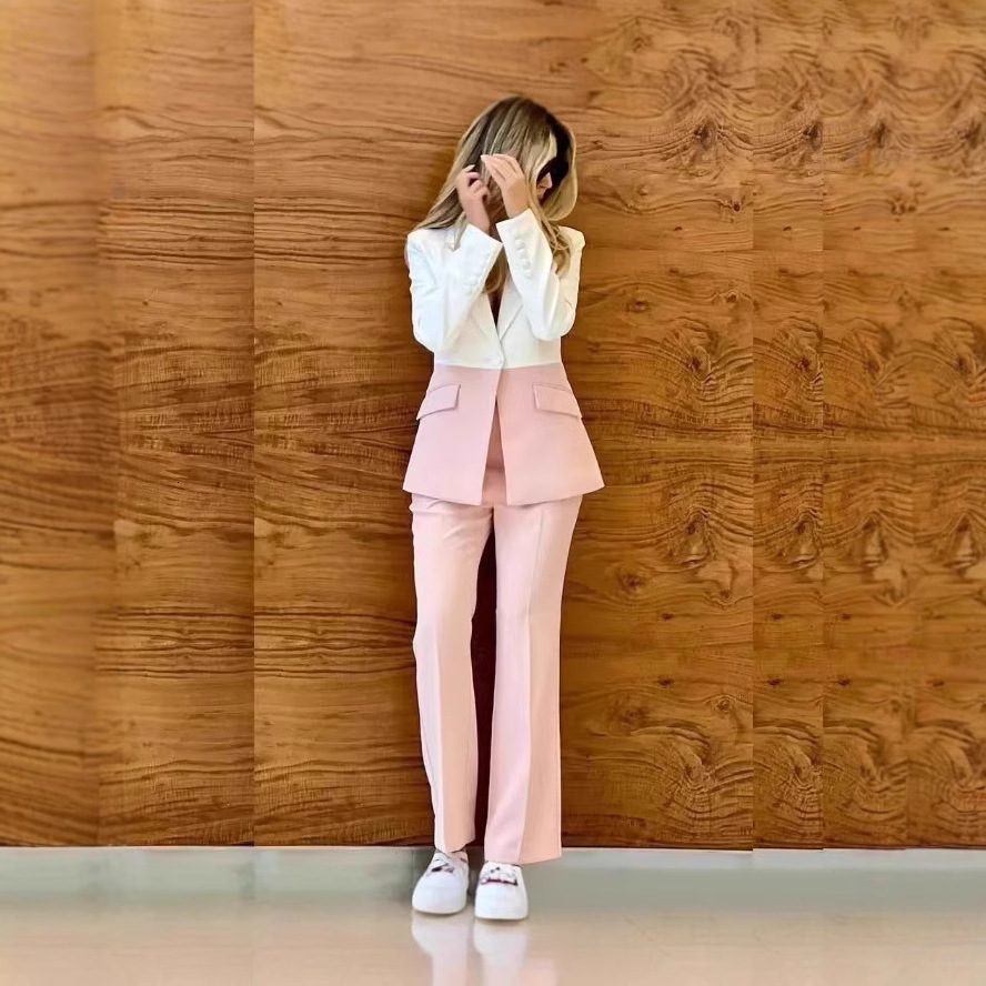 HIGH Runway Suit Set Womens Single Button Color Block Blazer Flare Pants Suit 250328