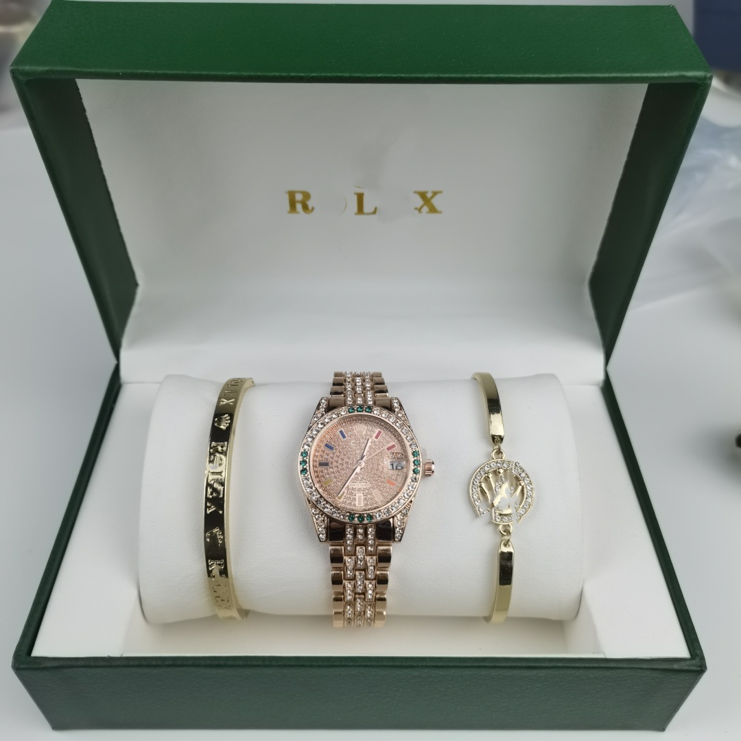 3pcs Set Moissanite Watch Luxury Designer 2025 High quality Women Pink Dial Hollow Strap Fashion Gold Bracelet Quartz Wristwatch Ladies Watches Reloj Mujer With Box