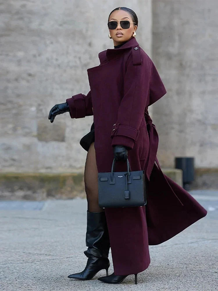 Womens Burgundy Faux Woolen Overcoat with Belt Vintage Lapel Full Sleeve Double Breasted Trench Coat Fall Winter Chic Outwear 250917
