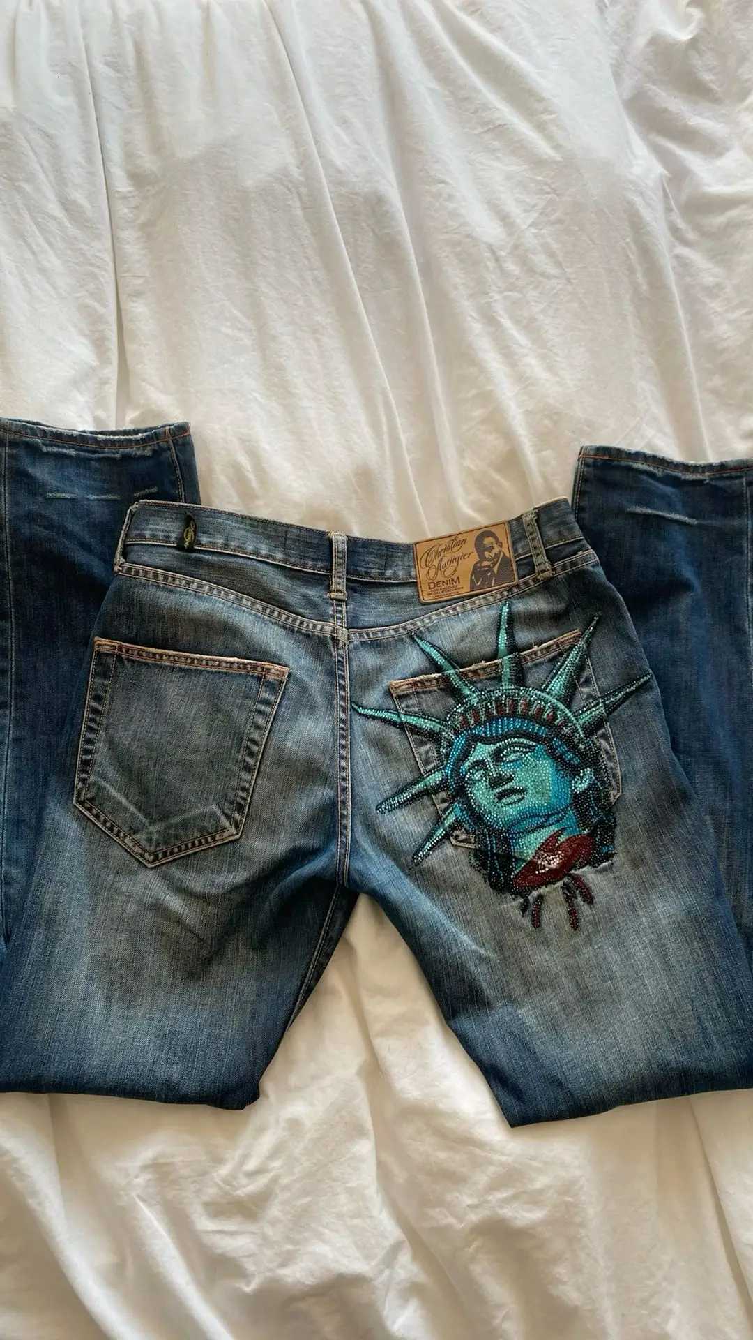 Statue of liberty Diamonds Jeans Y2k 2000s Casual Denim Pants High Waist Straight Wide Leg Jeans Harajuku Vintage Women Clothing S250917
