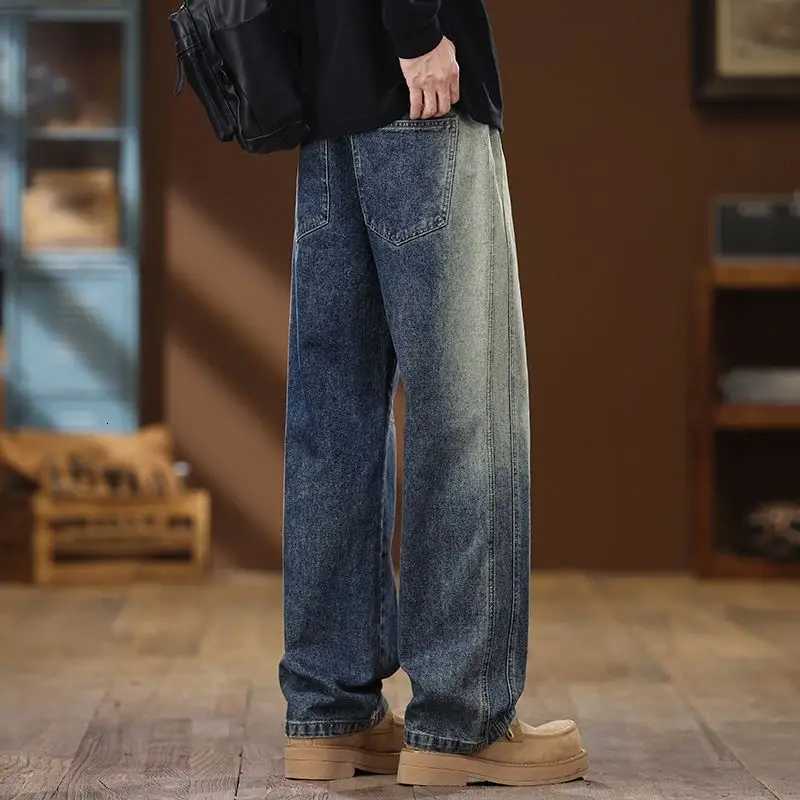 Autumn Mens New Baggy Jeans Versatile Wide Leg Trousers High Street American Style Retro Denim Solid Color Male ClothingZ250917