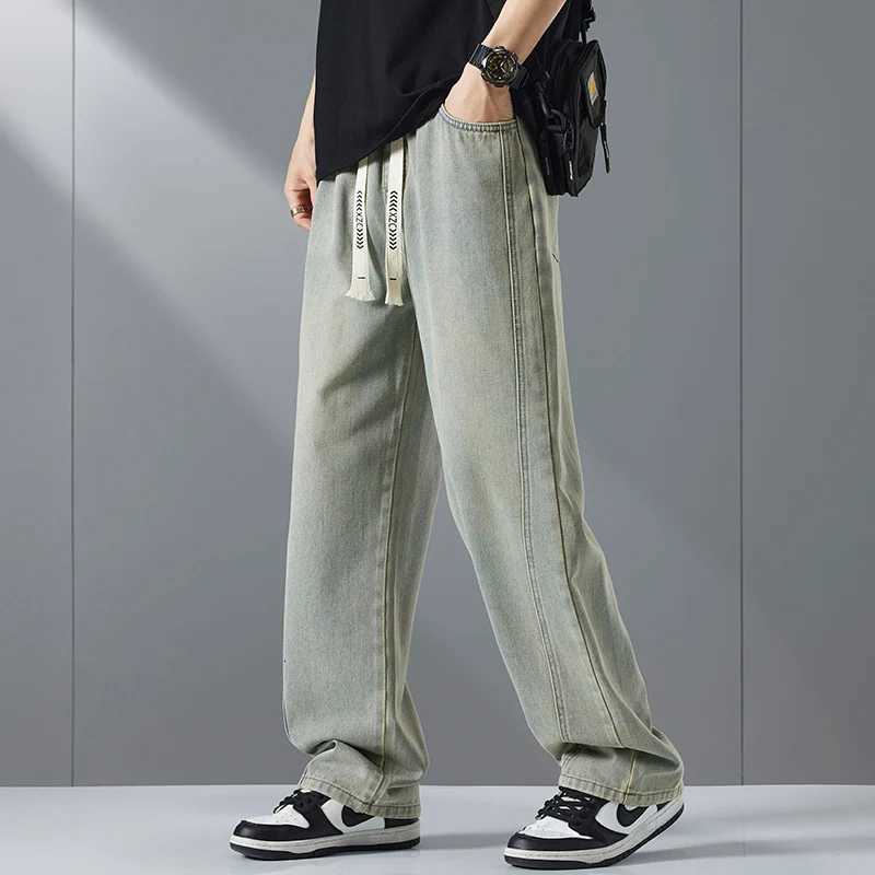 Streetwear Fashion Baggy Jeans Men Vintage Washed Straight Elastic Waist Wideleg Pants Youth Trendy Y2k Casual Denim TrousersZ250917