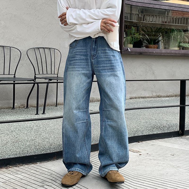 Men's Jeans Vintage American - Style Pleated Washed Jeans - Wide - Leg Sickle - Cut Denim Trousers-D6013