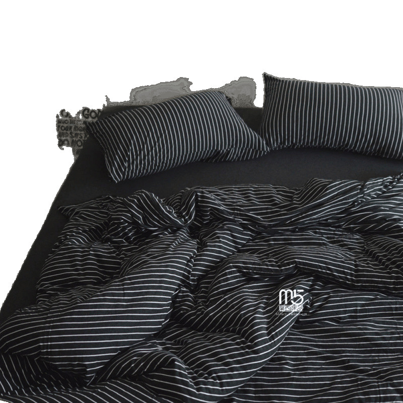 Three-Piece Duvet Cover Japanese Style Boys Black and White Striped Bedding Four-Piece Set Bed Sheet Student Dormitory W260302
