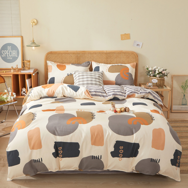New Thickened Pure Brushed Four-Piece Fresh Style Fully Washed Cotton Bed Sheet Duvet Cover Dormitory Three-Piece Set