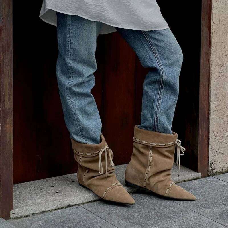 Wrinkle Style Women's Ankle Pointed Toe Flat Cross-tied Femme Short Winter New Retro Niche Lady Western Cowboy Boots