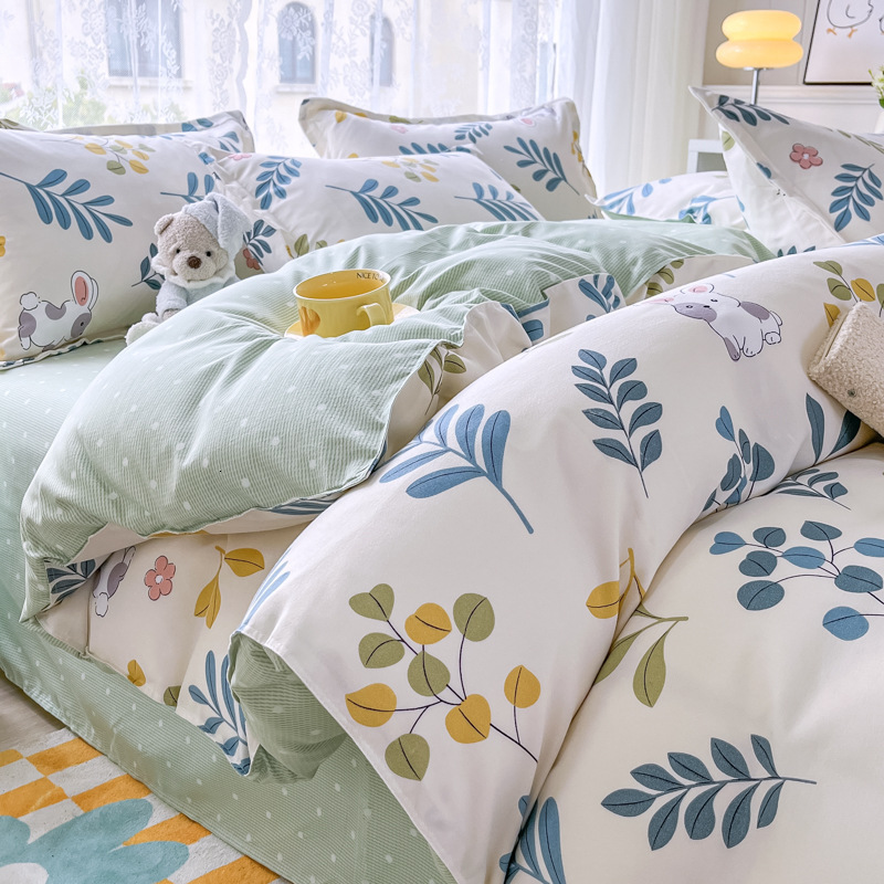 Pure Thickened Brushed Bedding Skin-Friendly Twill Dormitory Three-Piece Set, Washed Cotton Bed Sheet and Quilt Cover