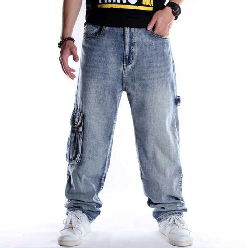 Large Size 46 Loose Jeans Men Denim Pants Straight Pocket Baggy Casual Streetwear Hip Hop Brand Blue Wide Leg Cargo TrousersZ250917