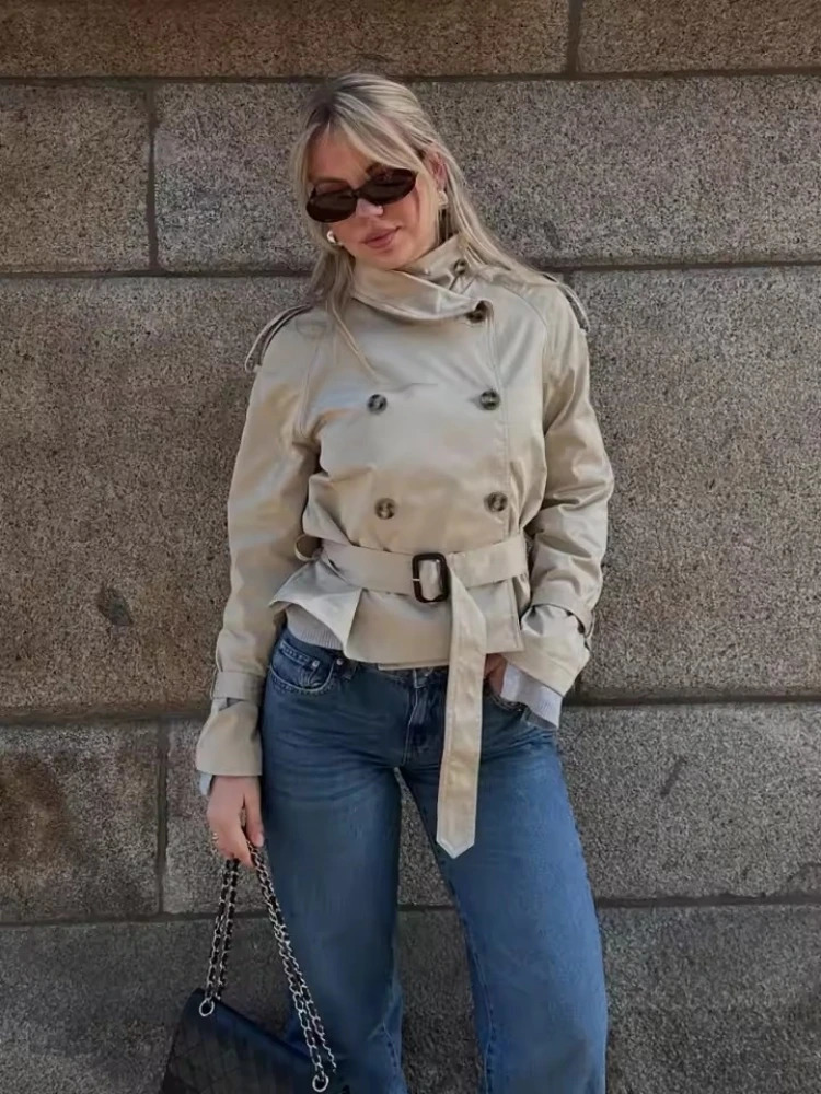 Autumn Khaki Double Breasted Shorts Trench Coat with Belt Elegant Stand Collar Loose Jacket Female Windbreaker Outwears 250917