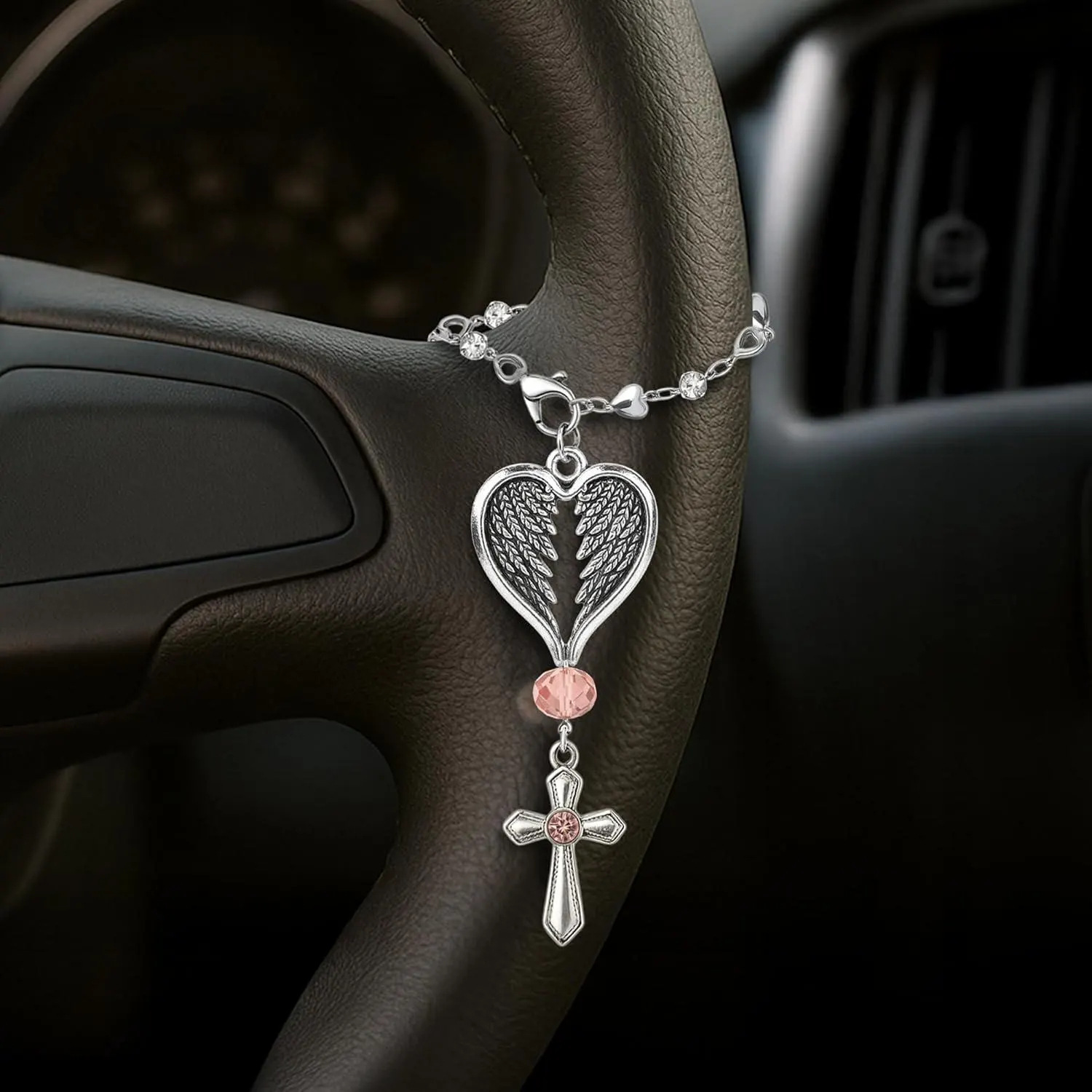 guardian heartshaped steel color Inlaid diamond heart chain pendant angel wings luxury keychain wallet Z260130