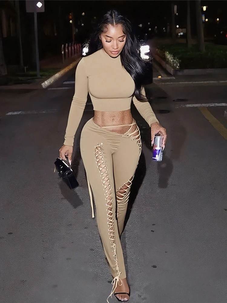 Weird Puss Sexy Women 2 Piece Set Casual Tracksuit Full Fall Crop TopsShirring Irregular Pants Stretch Streetwear Skinny Suits 250917