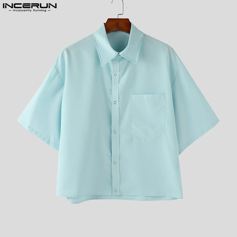 INCERUN Mens Shirts Solid Color Lapel Short Sleeve Pockets Button Male Crop Tops Streetwear Summer Loose Fashion Men Clothing 250917