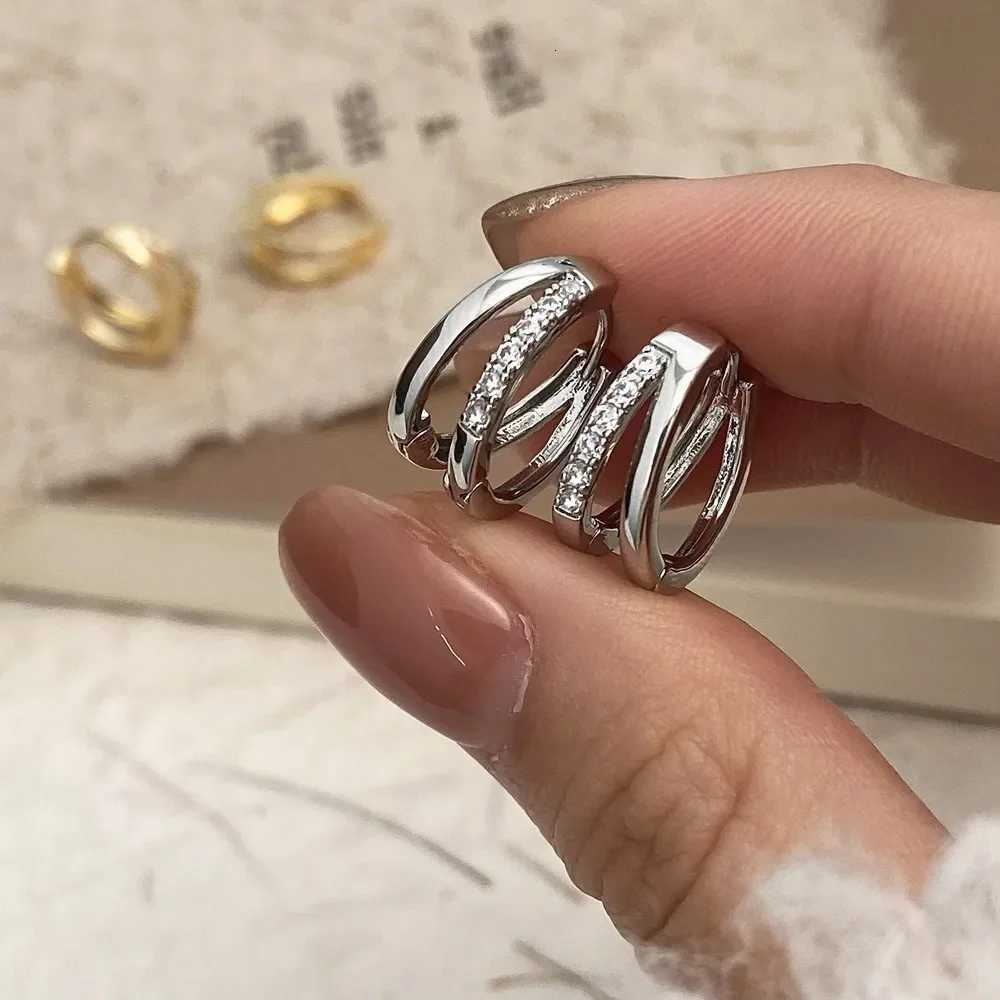 Trendy Silver Color Double Layered Zircon Earrings For Women Fashion Korean Simple Circle Hoops Earrings Party Wedding Jewelry D250917