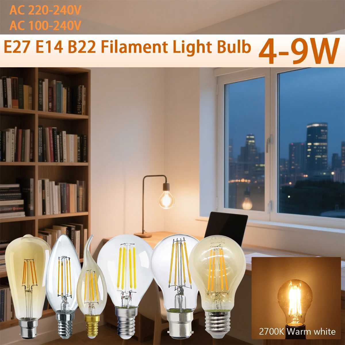 E27 B22 E14 Led Edison Filament Bulb C35 A60 ST64 220V240V Vintage 2700K 4000K Warm Glass Lamp Lighting Indoor Living C250917