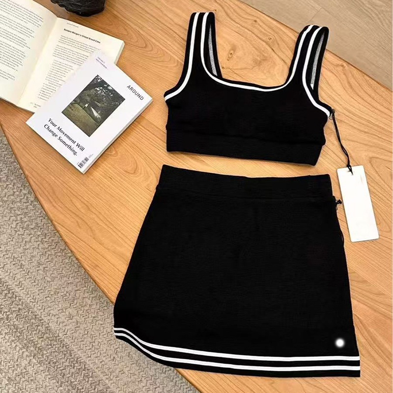 Yoga Outfit Sets Waffle Set New Tennis Dress Sport Outdoor Knitted Dress Set For Women Summer Two piece Striped Sporty Casual Fashion skirt suit Fitness Wear set