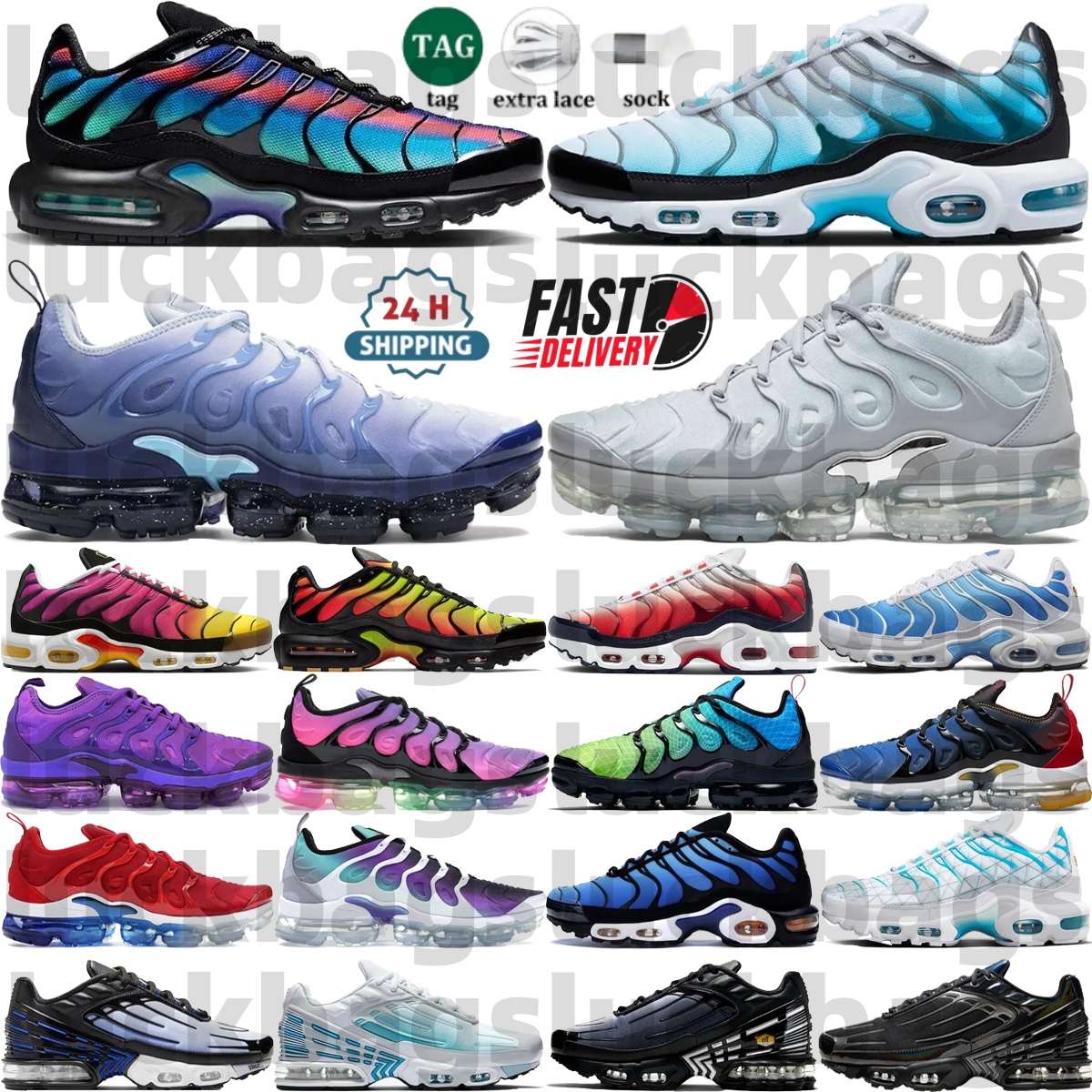 Designer shoes tn plus running shoes men women fashion trainers tns triple black white gray laser reflection sky blue silver metal outdoor recreation sneakers 36-46