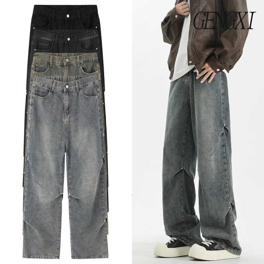 High street crease distressed design floorlength jeans Mens wideleg casual trousers Koreanstyle loose straightleg trousersZ250917