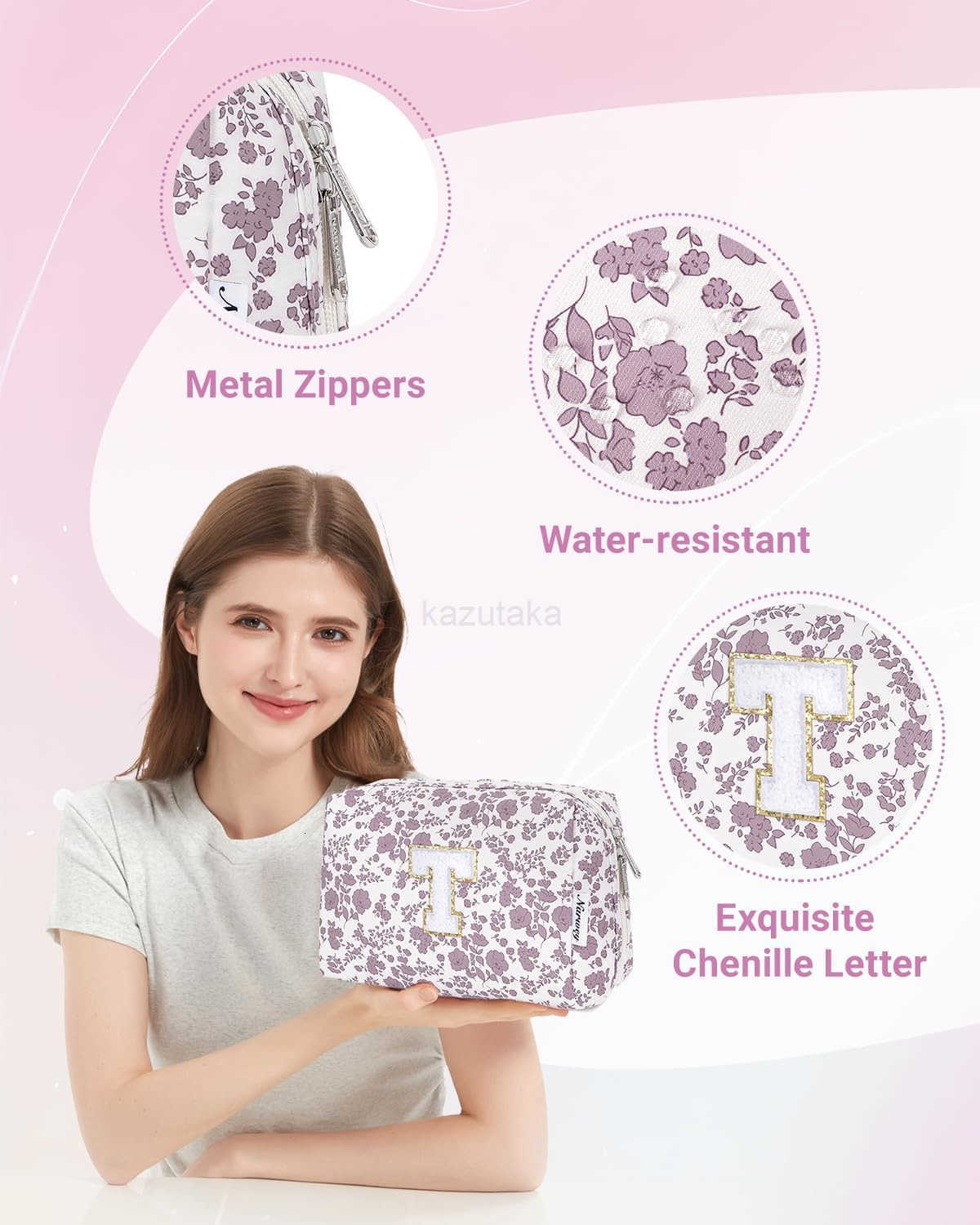 Narwey Birthday Gifts for Teen Girls Kids Women Personalized Initial Floral Makeup Bag Cute Cosmetic Trendy Stuff 6 8 10 11 12 13 14 16 18 Years Old T