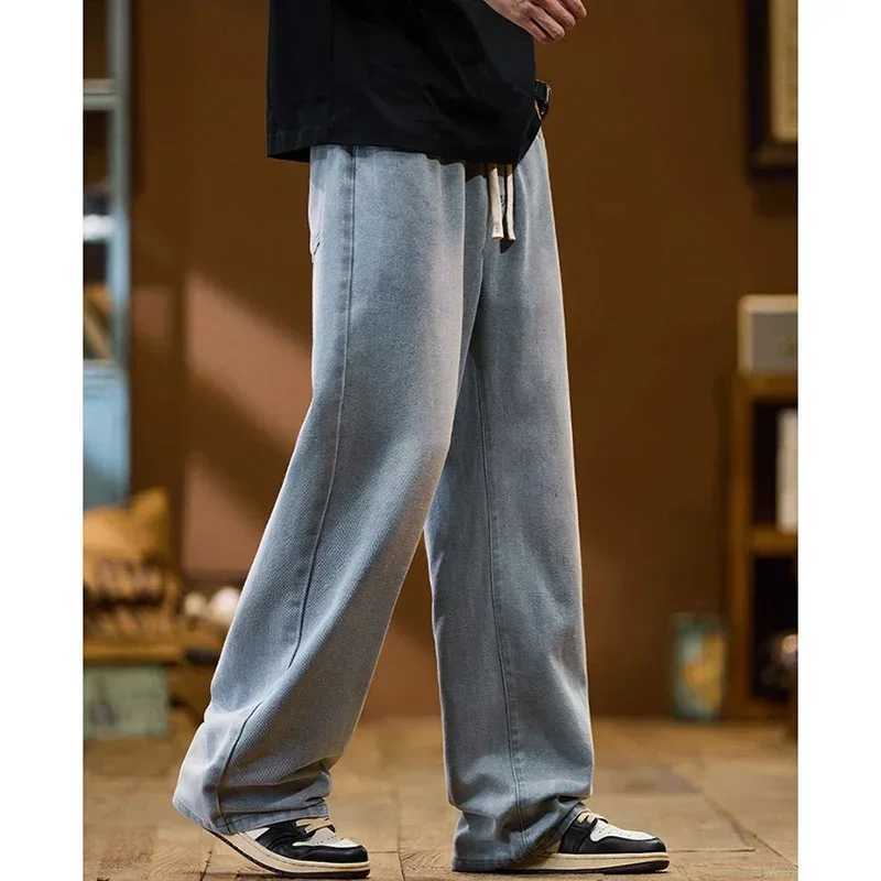 Men New Baggy Jeans Fashion Y2K High Street Retro Blue Trousers Elastic Drawstring Straight Wide Leg Loose Casual Denim PantsZ250917