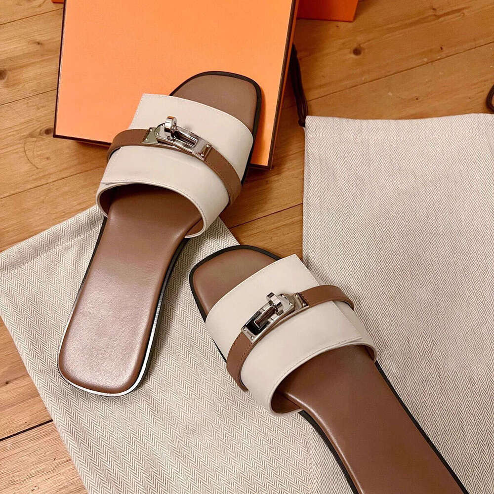 Sheepskin Version ~ Elegant Small Gold Buckle Genuine Leather One-Strap for Women French Style Flat Sandals Outdoor Slippers Half Slides