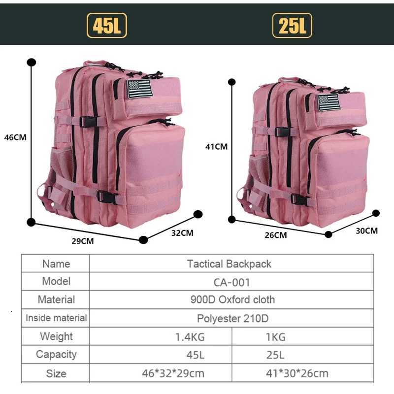 25L45L 3P Tactical Backpack for Men Women Pink Outdoor Camping Hunting Accessories Military Army Molle Rucksacks Assault Bag Z250916