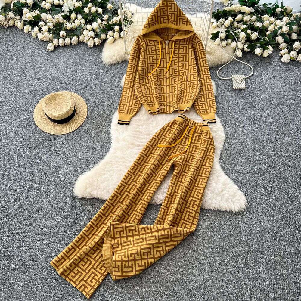 Luxury Design Winter Knitted Two Pieces Suits Women Thick Warm Zipper Hooded+Wide Legs Pants Fashion Geometric Print Sweater Sets High-end
