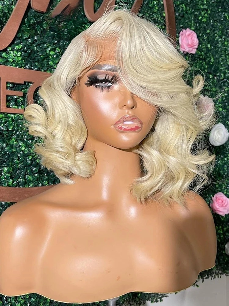 Brazilian Short Bob Wig Loose Wave Wig 613 Honey Blonde 13X4 HD Lace Front Human Hair Wigs Body Wave Transparent Lace Frontal Wigs