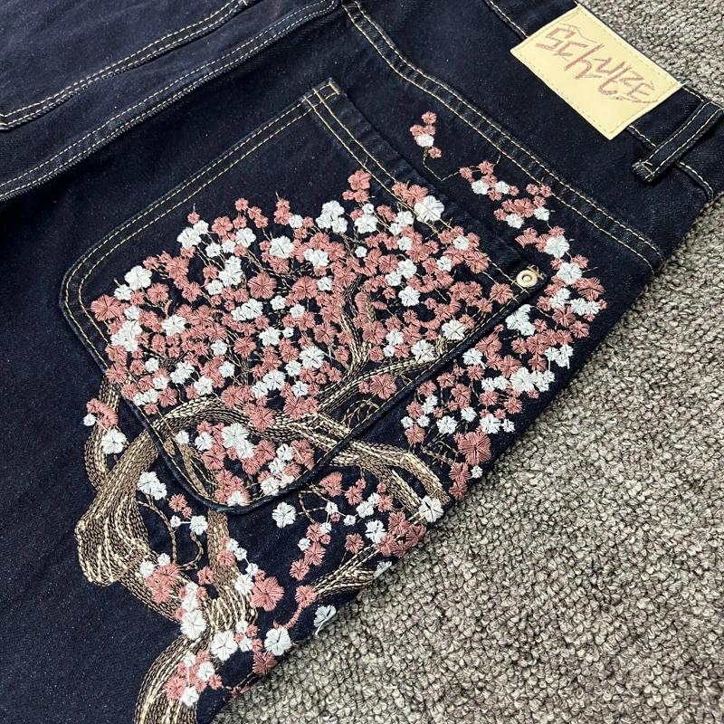 Men's Desinger Jeans Men Women Cherry Blossom Embroidery Derschutze Y2k Retro Baggy Street Straight High Waisted Washed Blue Denim Pants